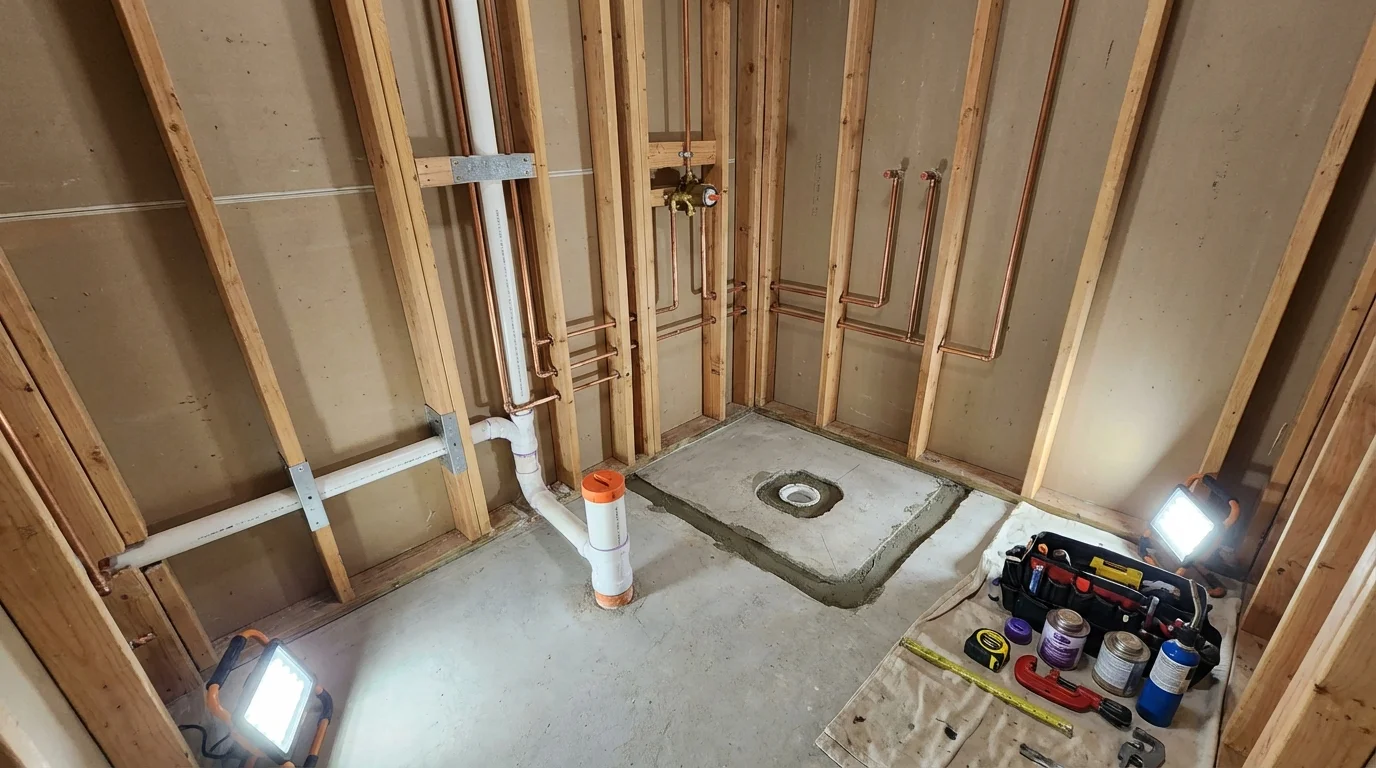 Bathroom rough-in plumbing during remodel by Johns Plumbing LLC in Palisades Park