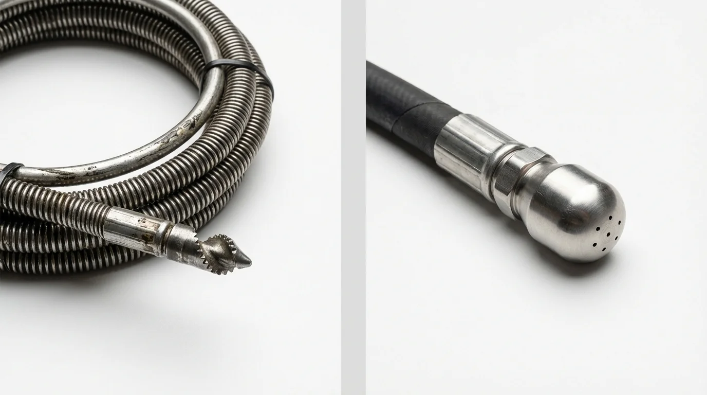 Drain snake cable and hydro jetting nozzle used for drain cleaning in Palisades Park, NJ