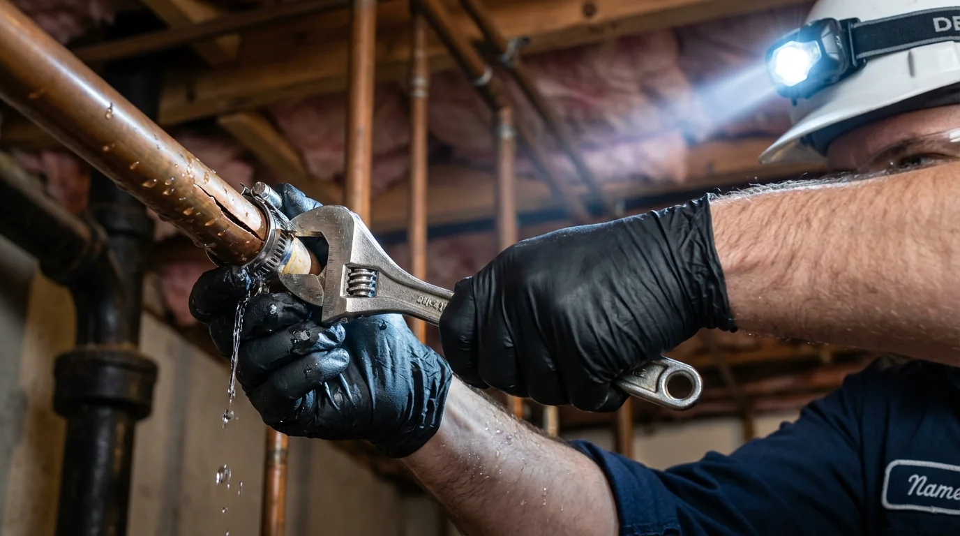 Emergency pipe clamp repair being performed by a Johns Plumbing LLC plumber in Palisades Park