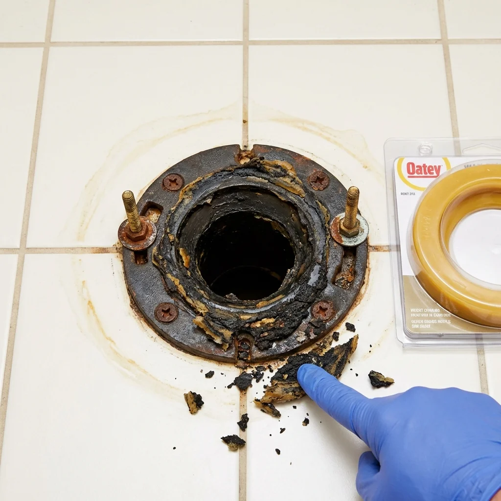 Failed wax ring showing water seepage at the base of a toilet in a Palisades Park, NJ home