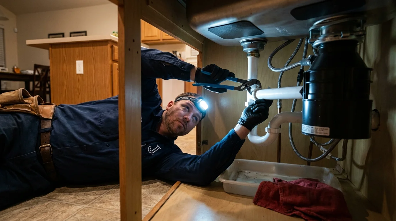 P-trap and supply line connections under a kitchen sink showing a common leak point in Palisades Park, NJ